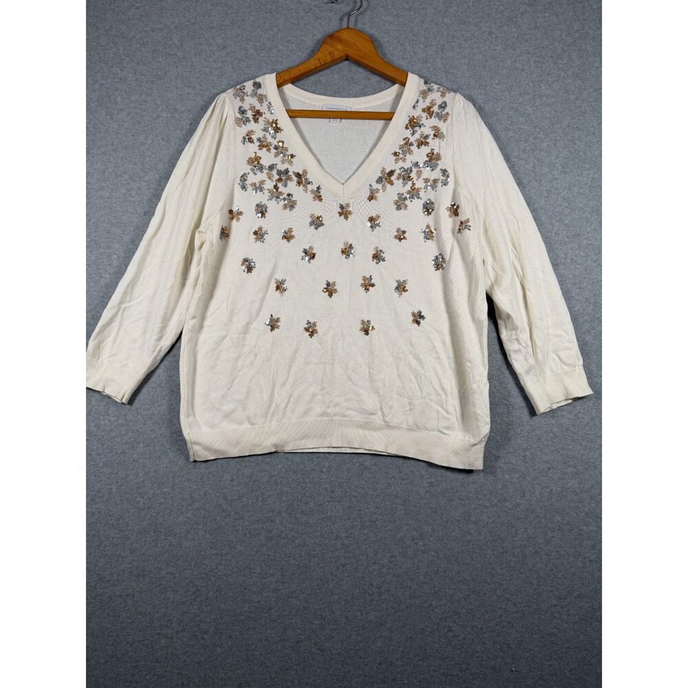 Charter Club Women's XL Ivory Sequin Floral V Neck 3/4 Sleeve Sweater 0705